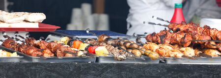 Grilled vegetables with mushrooms and meat.
