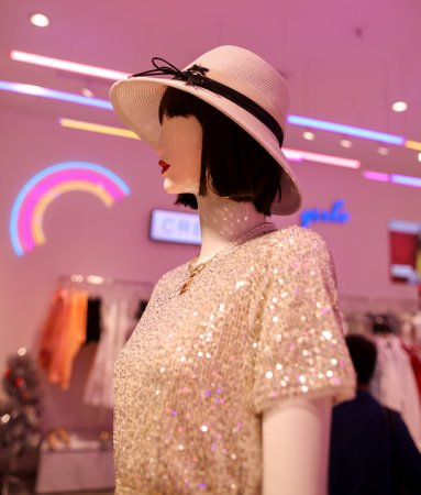 Sanya, Hainan Island, China - January 12, 2020: Mannequin with clothes on a shop window.