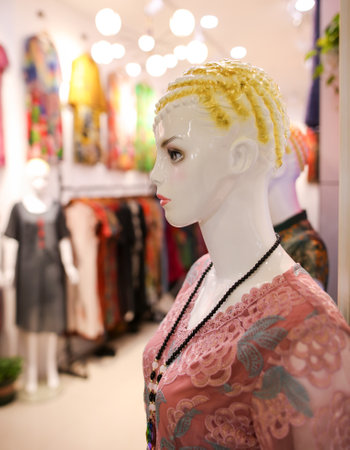 Sanya, Hainan Island, China - January 12, 2020: Mannequin with clothes on a shop window.のeditorial素材