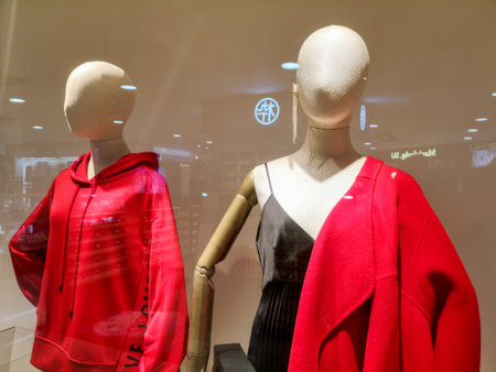 Sanya, Hainan Island, China - January 12, 2020: Mannequin with clothes on a shop window.のeditorial素材