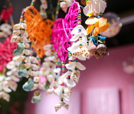 Seashells and jewelry on a shop window.の写真素材