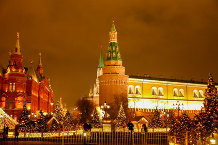 Moscow, Russia - January 16, 2020: Decoration on Red Square for the New Year at night.