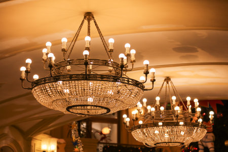 Moscow, Russia - January 16, 2020: Large chandeliers in the shopping center Gum.のeditorial素材
