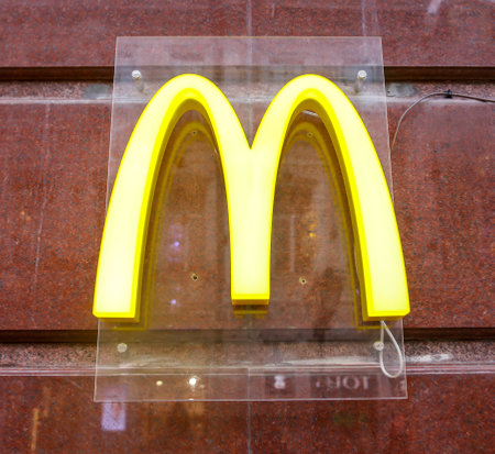 Moscow, Russia - January 16, 2020: McDonalds sign on a building.のeditorial素材