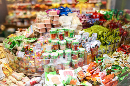Sanya, Hainan Island, China - January 14, 2020: Sweets and sweets in packages in the Chinese market.のeditorial素材