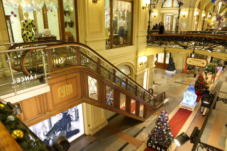 Moscow, Russia - January 16, 2020: Escalator stairs in the Gum shopping center.のeditorial素材