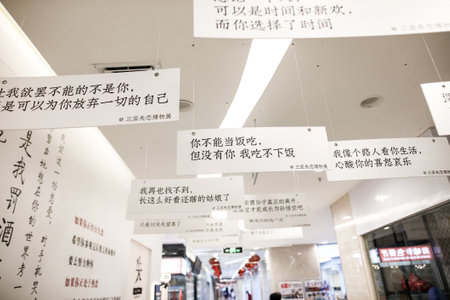 Sanya, Hainan Island, China - January 14, 2020: Chinese characters in a shopping center.のeditorial素材