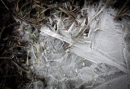 Ice in a frozen puddle as a background.の写真素材