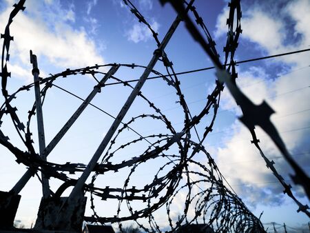 Barbed wire against the sky with clouds. Jail