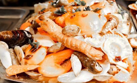 Seafood in a shop window in a cafe. A dish of Chinese cuisine.の写真素材