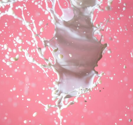 Splashes of milk isolated on pink background.の写真素材