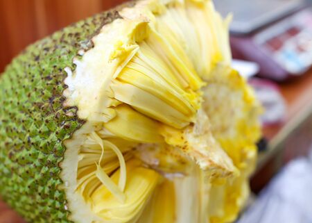 Jack fruit cut in the market. Exotic fruit in the tropics.の写真素材