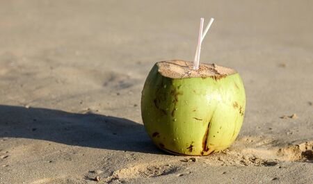 Coconut with a straw lies on a sandy beach near the sea.の写真素材