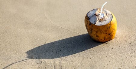 Coconut with a straw lies on a sandy beach near the sea.