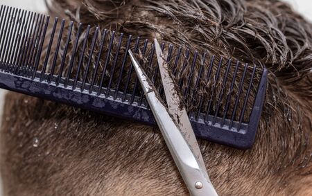 The boy cuts his hair in a beauty salon.の写真素材