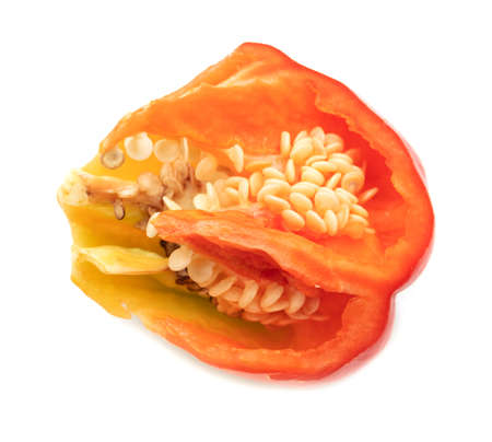Red bell pepper with seeds isolated on a white background. Close-upの写真素材