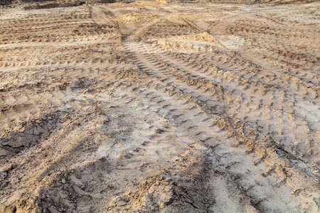 Tracks from a truck on the ground as a background.