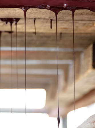 Drops of brown paint dripping from the wooden ceiling. Close-upの写真素材