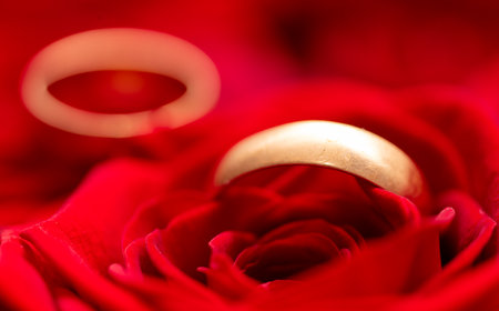 Two gold rings in the colors of red roses. Close-upの写真素材