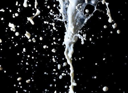 Splashes of white milk isolated on a black background. Drinkの写真素材