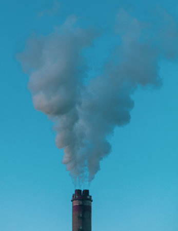 Smoke from chimneys at the plant in the rays of the sunset.の写真素材