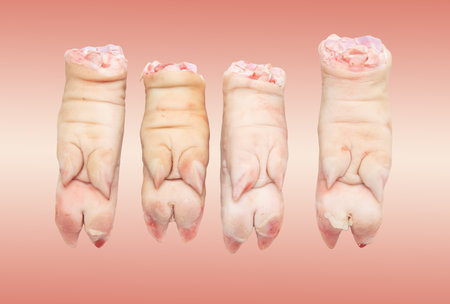 Pork hoof feet isolated on pink background. Close-up