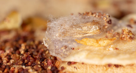 Close-up of a cocoon with a worm on a dried apple. Macro.の写真素材