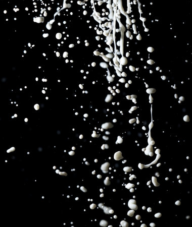 Splashes of white milk isolated on a black background. Drinkの写真素材