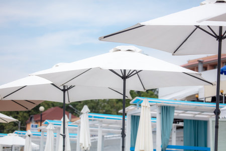 Sun loungers by the sea. Sun protectionの写真素材