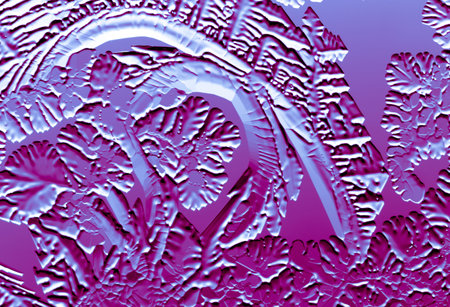 Blue-pink patterns from frost on glass as a background. Close-up