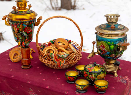 Treats at the samovar on the table. Russian traditionの写真素材