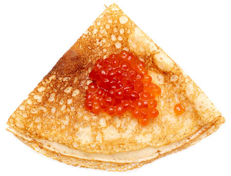 Pancake with red caviar on a white background.の写真素材