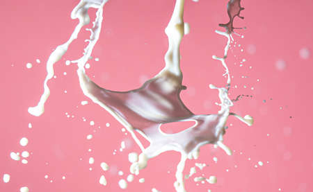 Splashes of white milk on a pink background. Drink