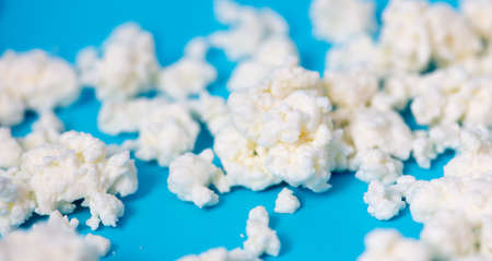 Milk curd on a blue background. Close-upの写真素材