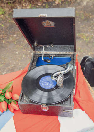 Lipetsk, Russia -May 9, 2021: Turntable on the table in the park. Holiday Victory Day over fascist Germany.のeditorial素材