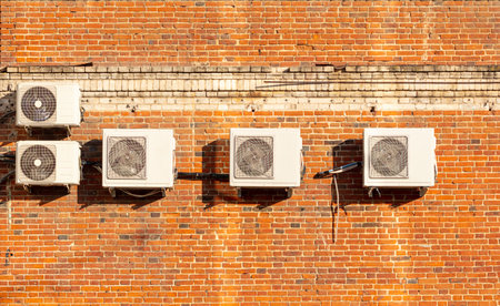 Air conditioners hang on the brick wall of the house.の写真素材