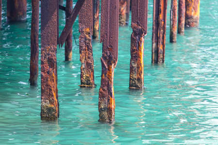 Rusty piles in the water of the sea.の写真素材