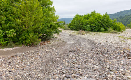 Dirt road along a mountain river in nature.の写真素材