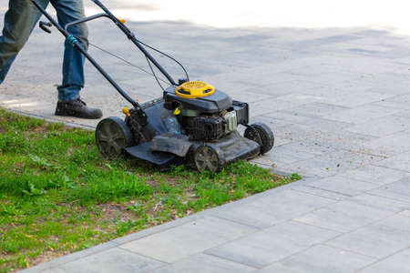 A lawnmower is cutting the grass in the park.の写真素材