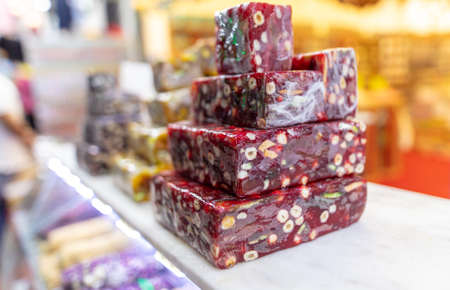 Sweet cake on a shelf in a cafe. Foodの写真素材