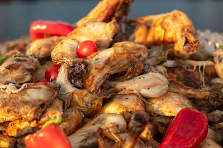 Fried chicken meat in a restaurant. Food