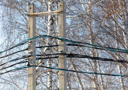 Electrical substation with wires in winter.の写真素材