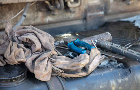 Tools for dismantling a truck in a workshop. Close-upの写真素材