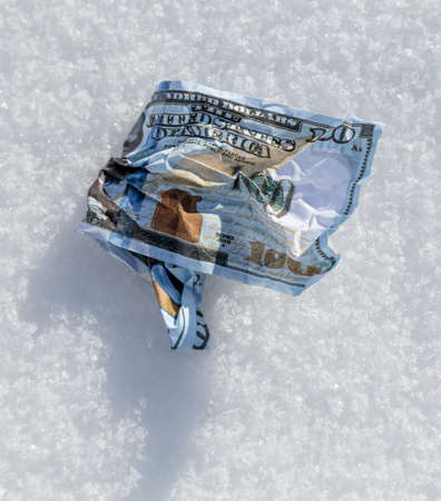 One Hundred Dollars lie in the snow. Close-up