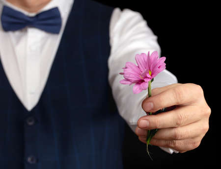 Red chrysanthemum flowers in the hands of a man on a black background.