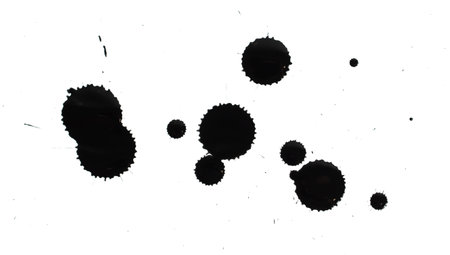 Drops of black paint on a white background. Close-upの写真素材