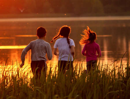 Children run at sunset in the summer.の写真素材