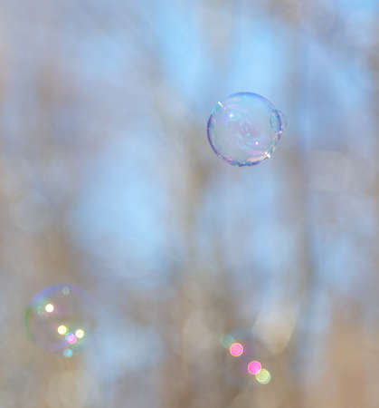 Soap bubbles fly against the blue sky.
