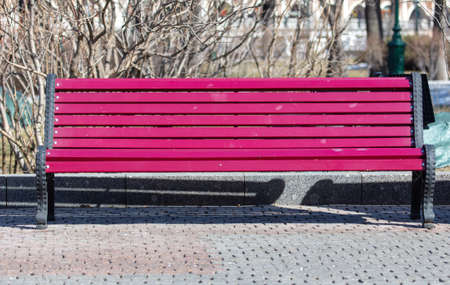 Red wooden bench in the park in winter.の写真素材