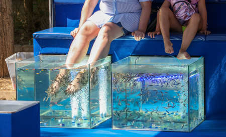 Peeling of feet in the aquarium with fishes in the park.の写真素材